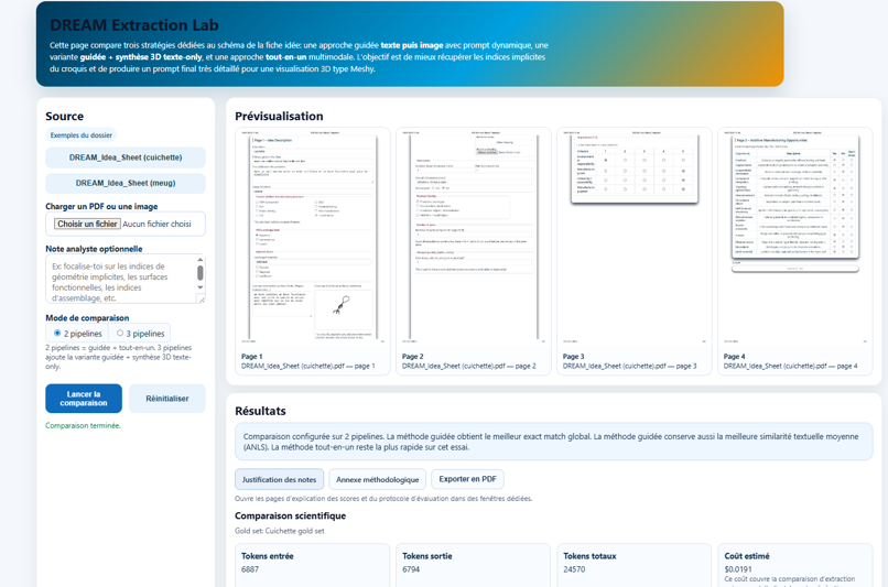 Dream Extraction Lab interface for fiche idee extraction comparison